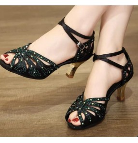 Black Latin dance shoes for women girls soft sole gold heel with green diamond Latin salsa ballroom dance sandals professional dancing shoes soft sole